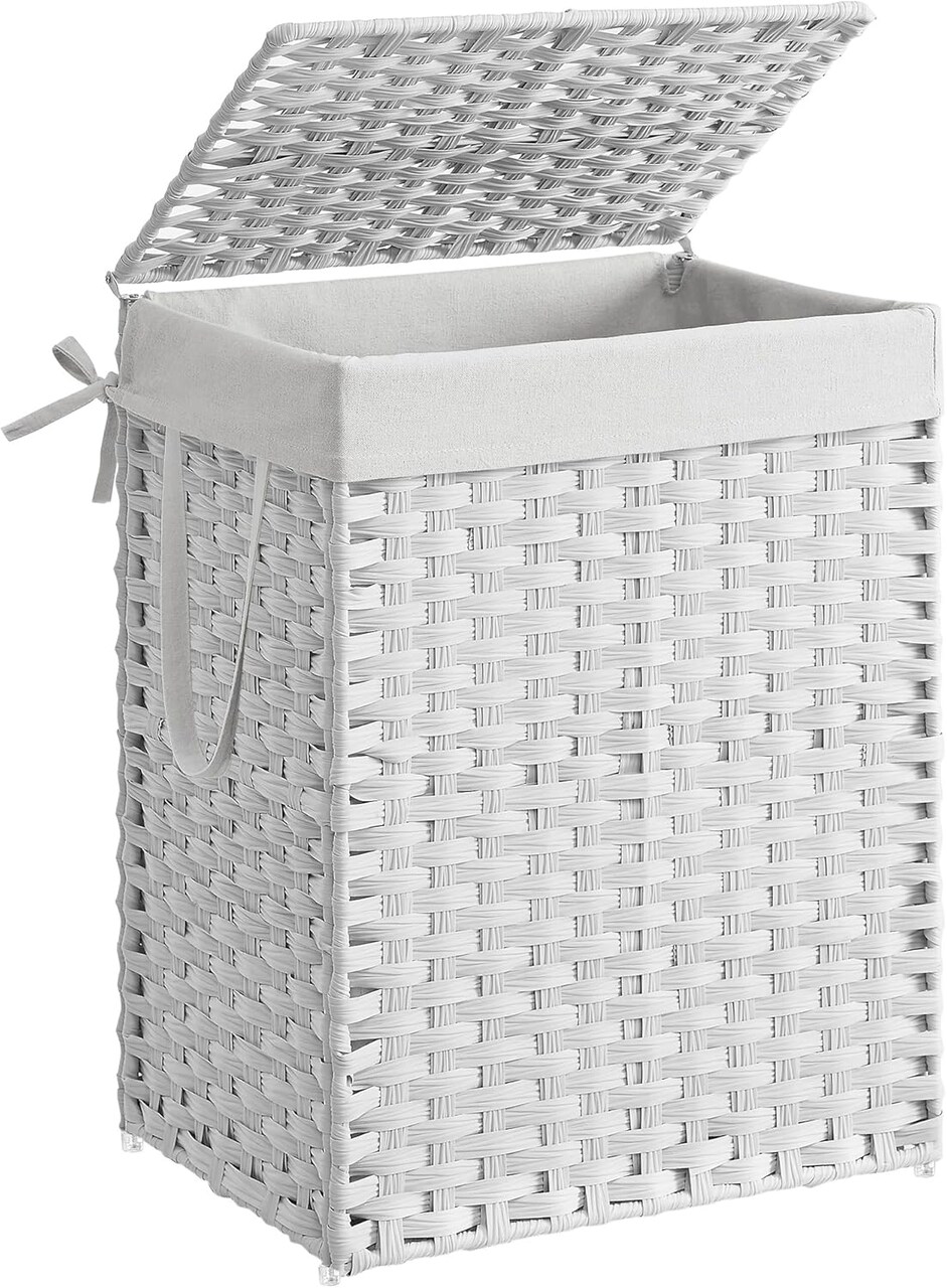 Laundry Hamper with Lid, 23.8 Gallon (90 L) Synthetic Rattan Clothes Laundry Basket with Lid and Handles, Foldable, Removable Liner